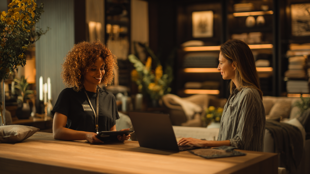 Sales associate assisting a customer inside a warm, modern furniture showroom, demonstrating personalized customer service and guided support.